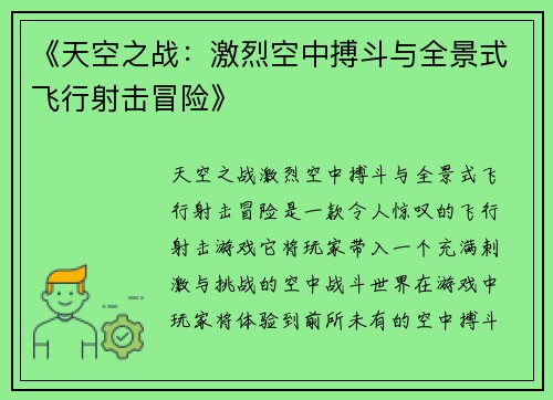 《天空之战：激烈空中搏斗与全景式飞行射击冒险》